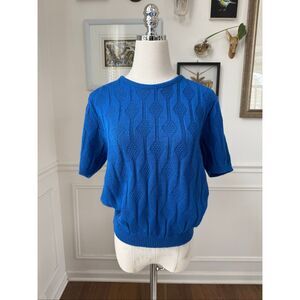 Vintage 70s Cobalt Blue Cobalt Blue Textured Short Sleeve Knit Sweater S